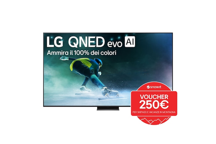 Vista frontale di una TV 100 pollici LG QNED evo AI QNED86 MiniLED 4K Smart TV 2025 100QNED86A6 con voucher snowit